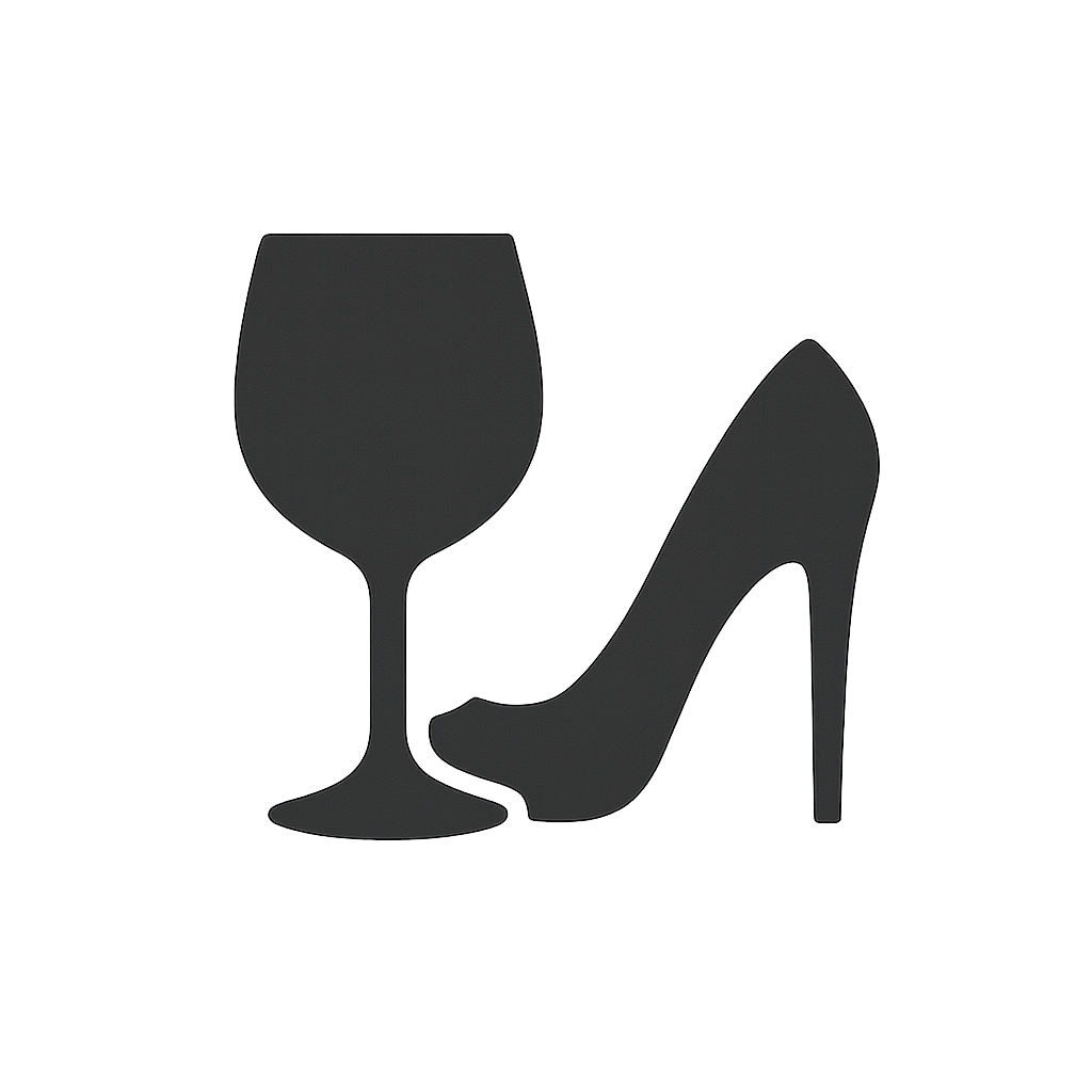 Wine glass and high heel silhouette graphic.