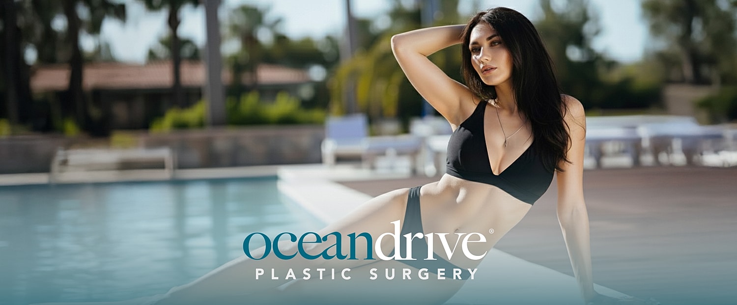 Model by swimming pool promoting plastic surgery.