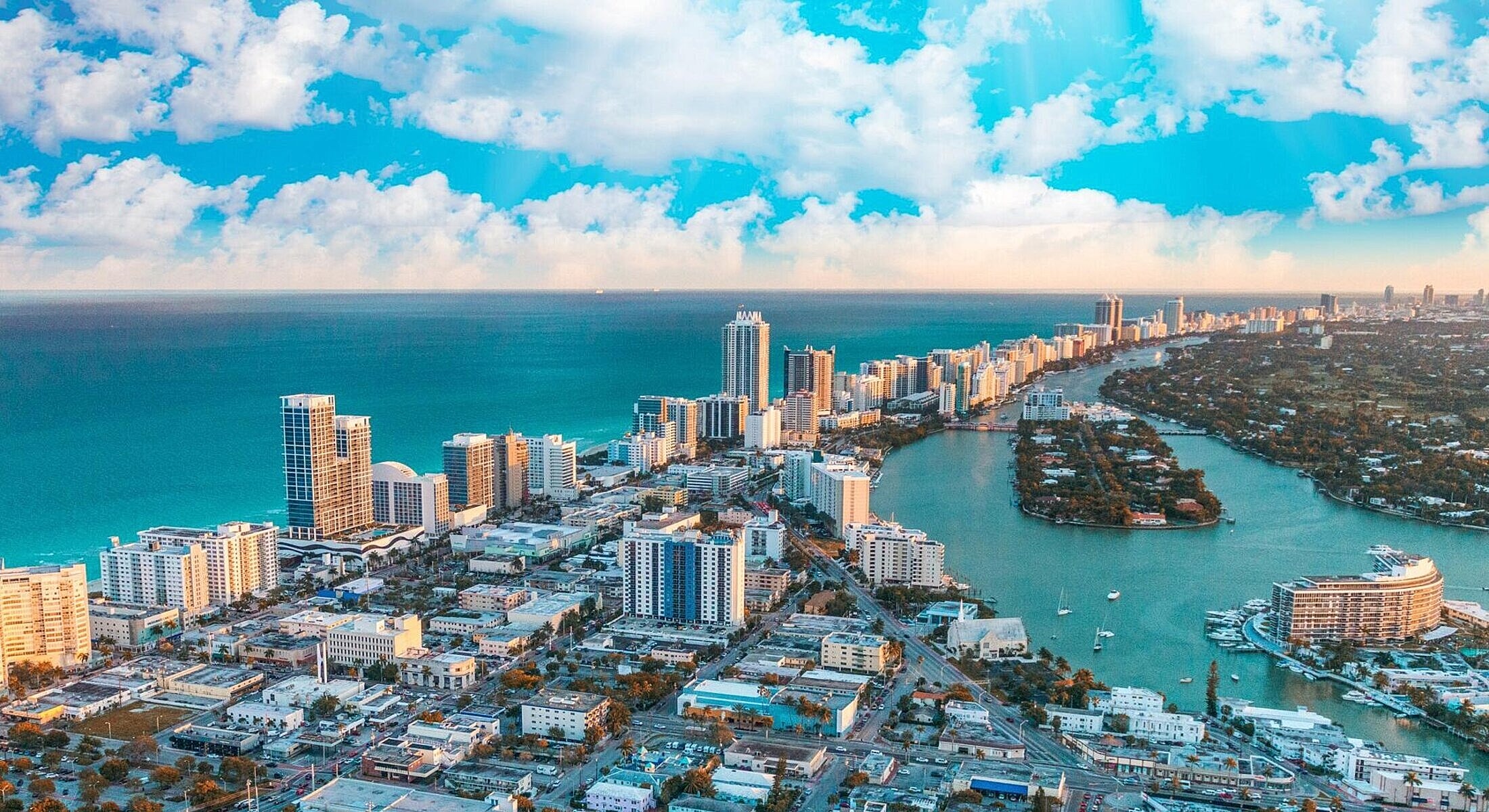 Aerial view of Miami's coastline and buildings.