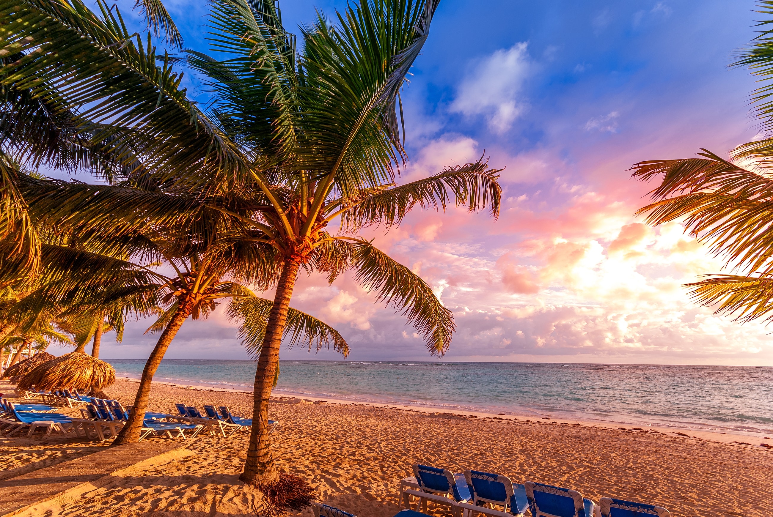 Vero Beach at sunset with palm trees.